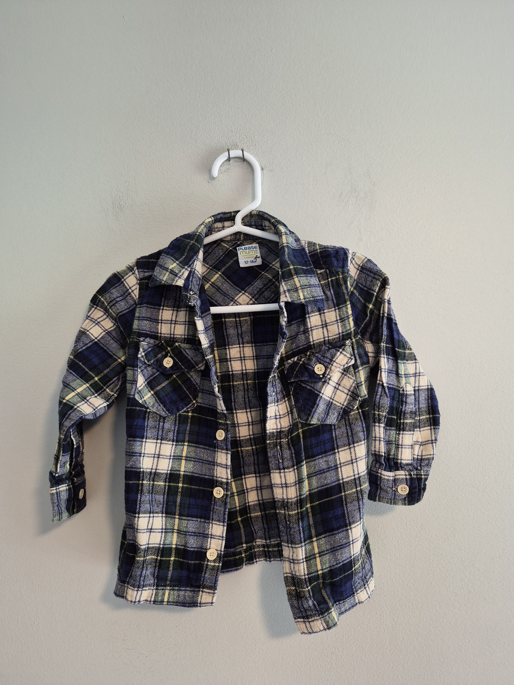 Please Mum 12/18m Blue Plaid Button Up Flannel Shirt